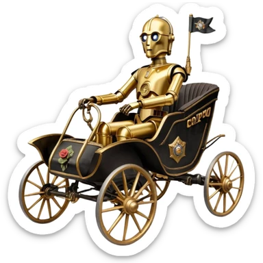 Action in Old American West tarnished C-3PO bounty policeman in 1864 delicately ornate rosegold accents painted buggy powered by electric motors and batteries with safety features and belts flying rapidly across rough dusty terrain stable on strong agile suspension  sticker