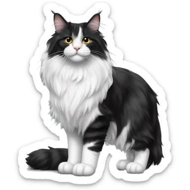 A black and white Maine Coon cat stands on the floor sticker