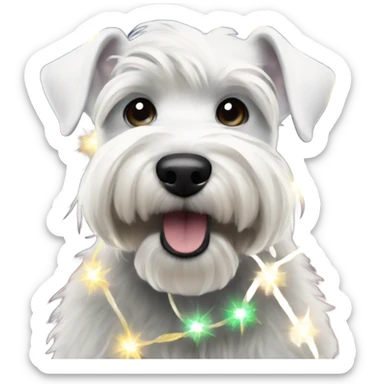 White miniature schnauzer tangled up in Christmas lights sticker