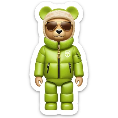 sleek bearbrick with lime balaclava covered in logo graffiti, futuristic single continuous visor sunglasses as one solid piece, no eye division, luxurious voluminous puffy coat with fur trim, gold chain accessories sticker