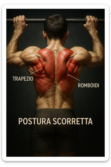 Immagine anatomica realistica e cinematografica di un uomo che fa trazione alla sbarra con attivazione scorretta delle scapole e del dorso, evidenziando i muscoli coinvolti e la postura errata. Luci cliniche drammatiche, didascalie in italiano, formato 2:3. sticker