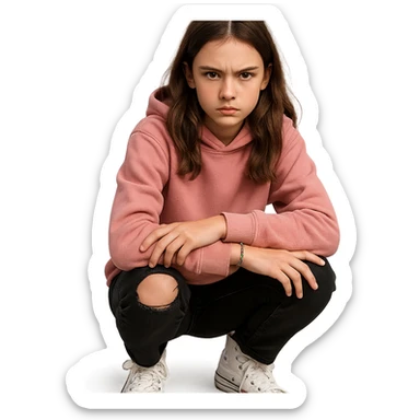 13-year-old girl with loose chestnut brown hair, hazel eyes, pink hoodie, black ripped jeans, white high-top sneakers, beaded friendship bracelet, bold sharp cautious expression sticker