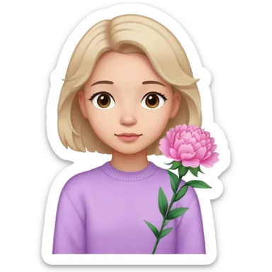  A girl with shoulder-length hair, a pink carnation behind her ear, and a light purple sweater, exuding a gentle aura. sticker