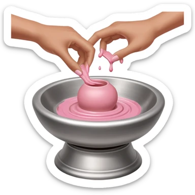 single hand caught mid-action of throwing a pink clay blob that is already placed on a silver pottery wheel sticker