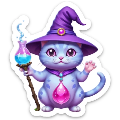 Purple witch cat full body with pink potion and blue potion bubbling  sticker