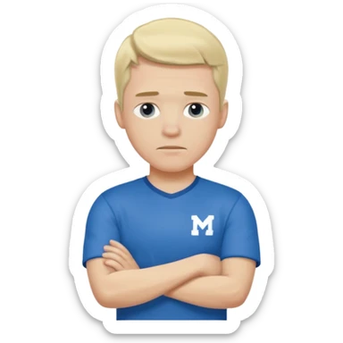 Pale blond man in blue football t shirt crossed arms trembling from cold sticker