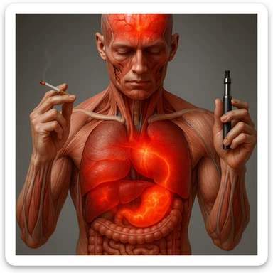 Medical illustration, hyperrealistic 4K, realistic anatomical human body, inflamed liver and intestine highlighted, holding a lit normal cigarette in the right hand and an electronic cigarette in the left hand, clear background, extremely detailed, same lighting and style as the reference image. sticker