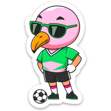 flamingo soccer player wearing sunglasses and a black and green jersey sticker