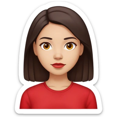 woman with light skin, straight dark brown hair with middle part red shirt  sticker