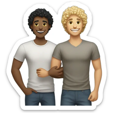 Gay couple, 1 guy Latino black straight hair and 1 Australian guy with blonde curly hair with a cat laughing full body sticker
