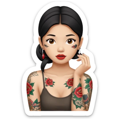 Beautiful Asian woman with tattoos on her body biting her lip sticker