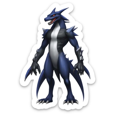 Black, Modern, Cool, Edgy, Garchomp-Nargacuga-Sergal Fakémon-Digimon with sharp edgy striking detailed stripe-markings,  full body sticker