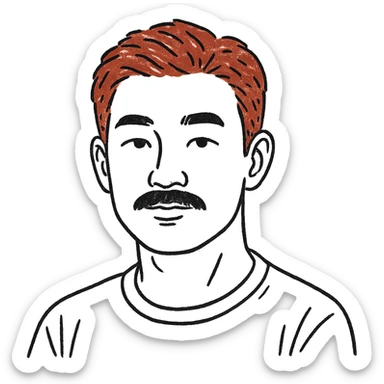 Asian man with black mustache and red hair, hand-drawn outlined style sticker