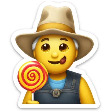 Can you make a slight yellow smily face emoji wearing a propeller hat licking a giant circle lollipop sticker