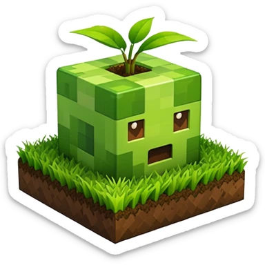 A 3D Apple-style emoji of a Minecraft grass block, cubic shape, with bright green grass on top and brown soil with pixel texture on the sides, simple and cute cartoon design. sticker