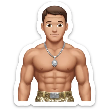 John Cena with silver sequin baggy pants, shirtless with necklace, brown hair sticker