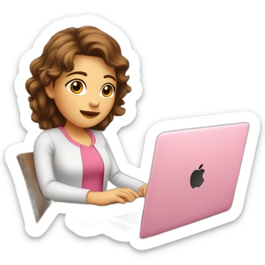 Girl with brown hair brown eyes white skin pink shirt sitting and looking eye up in front of Apple laptop sticker