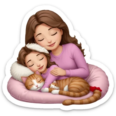 girl with wavy long brown hair, brown eyes, light to medium complexion, long lashes, light pink lipstick, smiling, wearing light pink shirt, sleeping on a cozy pillow, cuddling a tabby cat  sticker