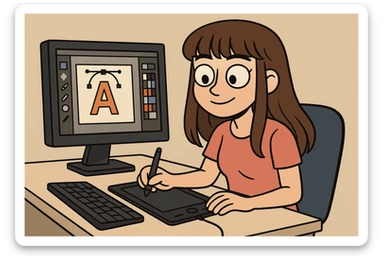 a girl graphic designer with long brown hair and bangs, brown eyes, working at a computer, flat toon style sticker