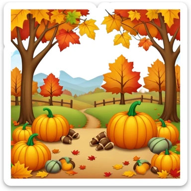 autumn fall scene with colorful leaves, pumpkins, and acorns sticker