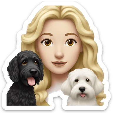 white woman with long blonde hair with a black and white bernadoodle dog  sticker