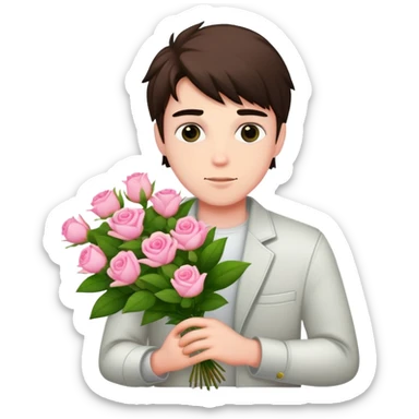 A cool bad boy with fair skin holding a bouquet of pink jasmine roses sticker