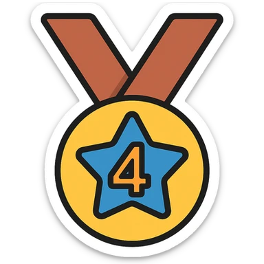 Add gold, bronze, and blue colors to the medal for 4th place with star, keep the number 4 visible, icon style, no background. sticker