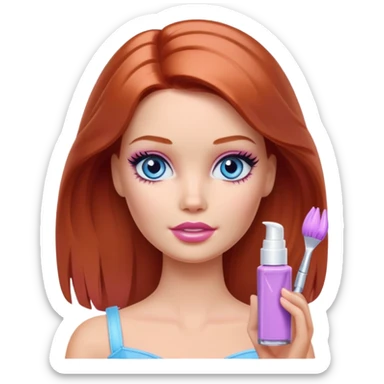 Barbie girl Chestnut-red Shoulder-length hair and blue eyes is In pale purple smears by hand cosmetic cream on her face sticker