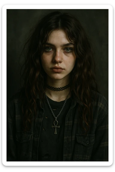 a girl with wavy long brown hair, green eyes, grunge style, semi-realistic style sticker