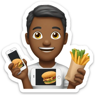 happy person with a smartphone showing food sticker