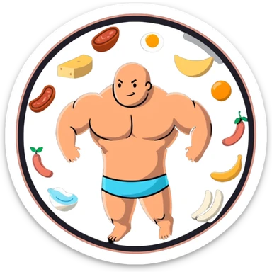 A floating warm orb with bright food icons (meat, egg, beans, tofu, yogurt) orbiting around a semi-transparent muscular human body. The body glows from within, with visible muscle fibers vibrating and expanding. sticker