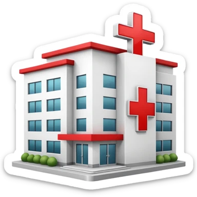A hospital building with a red +. In PNG format. sticker