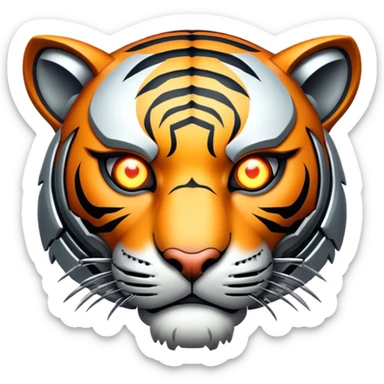 cyborg tiger face with robotic parts and glowing eye for Twitch emote sticker