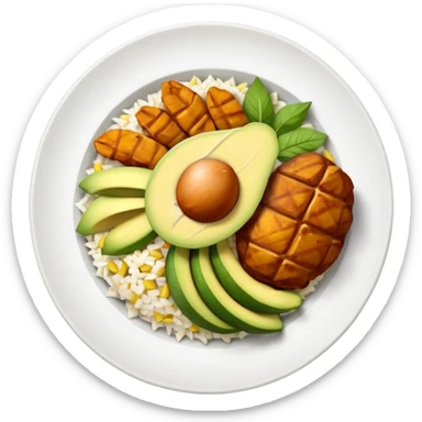 plato con pollo blanco asado en tiras, arroz blanco, rodajas de aguacate y maíz amarillo, vista desde arriba, fondo blanco, estilo simple. sticker