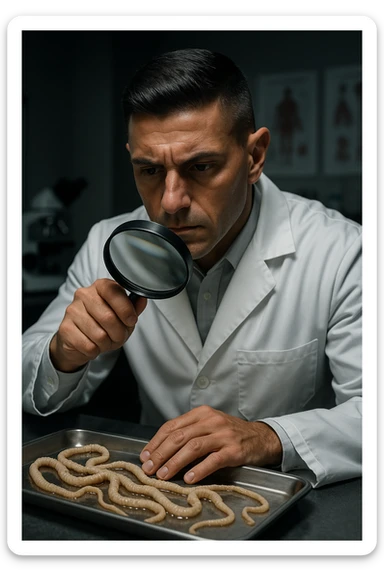 A middle-aged male kinesiologist wearing a pristine white lab coat, intensely analyzing long, beige tapeworms (like Taenia) under a magnifying glass. His expression is focused and slightly concerned, with dramatic studio lighting casting sharp shadows. The parasites are highly detailed, moist, and textured, stretched across a sterile metal tray. The background is blurred but suggests a clinical environment—hints of a microscope, medical charts, and clean lab equipment. The style is hyper-realistic, with a cinematic contrast between the bright white coat and the grotesque, organic forms of the parasites. No sci-fi elements, just raw medical realism with a disturbing edge sticker