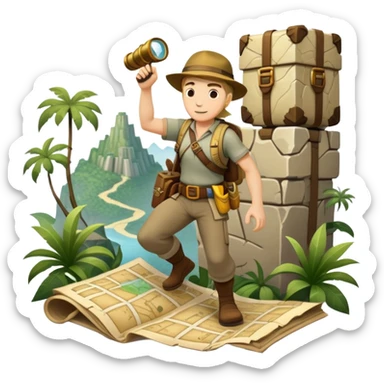 An icon featuring an adventurer in a dynamic action pose, with treasure maps, ancient ruins, and jungle landscapes in the background. The design includes clues, hidden passages, and climbing gear, symbolizing the thrill of exploration and discovery. Transparent background. sticker