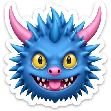 A blue monster with two small black horns, spiky fur, large round yellow eyes, a wide grin showing sharp teeth, and its tongue playfully sticking out to the side. sticker