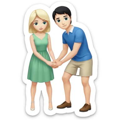 King, man, standing, black Hair, blue eyes, whole body, Woman, bending knees, blonde, green eyes, White Dress, sticker