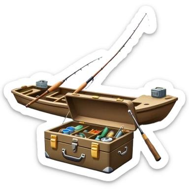 Icon for Fishing: a boat on the shore of a peaceful water body with a beautiful natural landscape, a fishing tackle box, a spinning rod. The icon should capture the tranquility and gear of a fishing adventure. Without frame. Transparent background. sticker