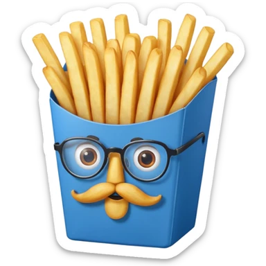long slim crispy fries in a blue carton, carton has eyes and mustache and glassess sticker