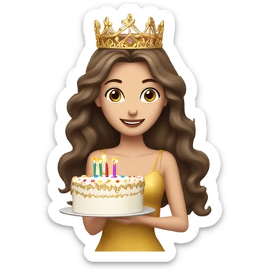 Caucasian long haired brunette with birthday cake and gold tiara sticker