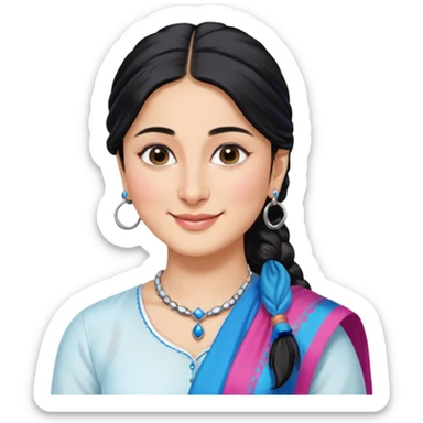 generate a pretty bratz emoji that looks like Kareena Kapoor's Geet character. 
Make her wear a white shirt with a colorful blue-pink dupatta wrapped around her neck. smiling big. Black hair tied into a side part ponytail, silver hoops and no necklace

She should look exactly  like Kareena Kapoor sticker