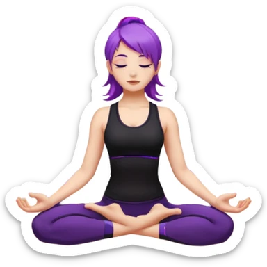 A young woman with purple hair doing yoga in the camel pose (Ustrasana), wearing a black sports outfit, minimalistic background with mandala pattern and colorful stars, soft lighting, peaceful atmosphere, digital illustration style. sticker