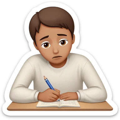 Person with worried expression writing "Dear God" on essay sticker