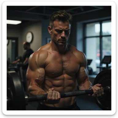 realistic, dramatic lighting; muscular man in modern gym, lifting weights, tense and tired expression, sweat, eyes with emotional fatigue, background with faint stress symbols (emails, clocks), gym equipment, slight surreal effect sticker