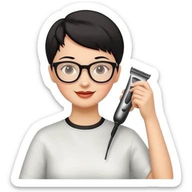 Happy woman with very short hair and glasses having haircut sticker