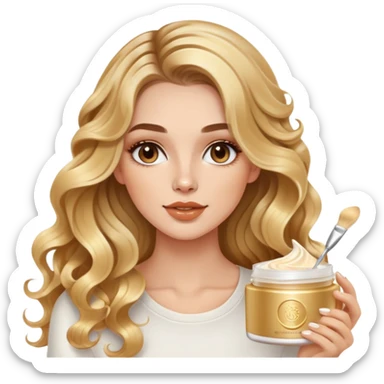 beautiful brunette with a gold blonde balayage white girl with nice curls/defined waves, very long hair, clean girl makeup APPLYING A FACE CREAM ON HER FACE sticker