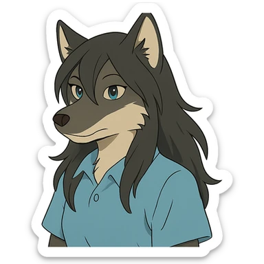 anime style wolf furry character with blue eyes, long black hair, wearing a light blue shirt sticker