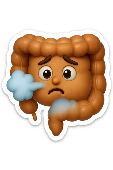 emoji stile iphone di un intestino che ingoia una nuvoletta di aria ben visibile e gli si gonfia la pancia, non fargli il naso, iperrealistico 4k sticker