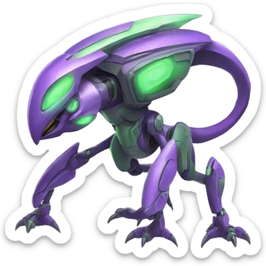 a purple-green Genesect-Raptor-Fakémon—hybrid with a futuristic visor-helmet full body sticker